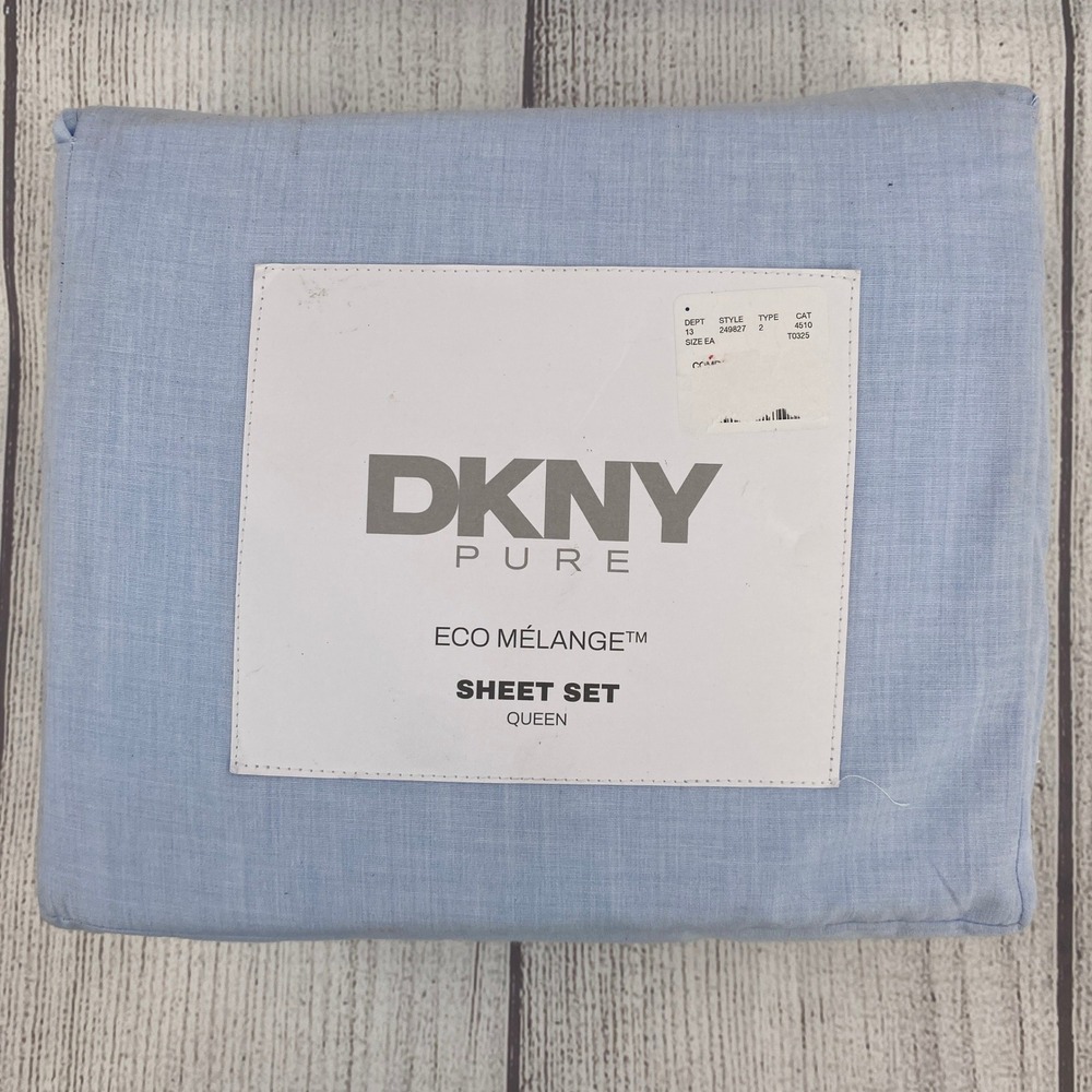 DKNY Pure Sheet Set Queen Light Blue Eco Melange Cotton Blend Heathered Coastal